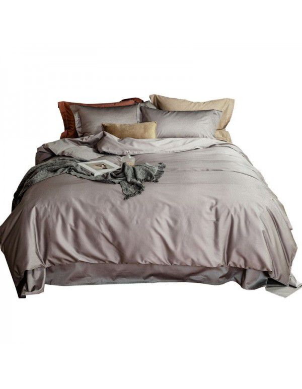 Simple 100 thread count horse cotton solid color four piece set pure cotton all cotton Hotel quilt cover light luxury naked sleeping Satin 1.8 bedding 