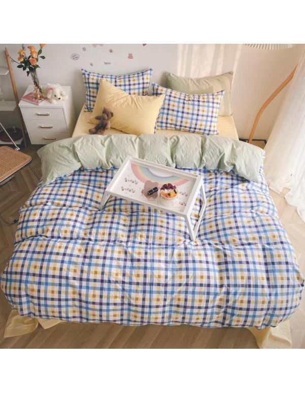 Ins simple style all cotton washed cotton four piece set cream color skin friendly pure cotton quilt cover bed sheet lattice bedding 