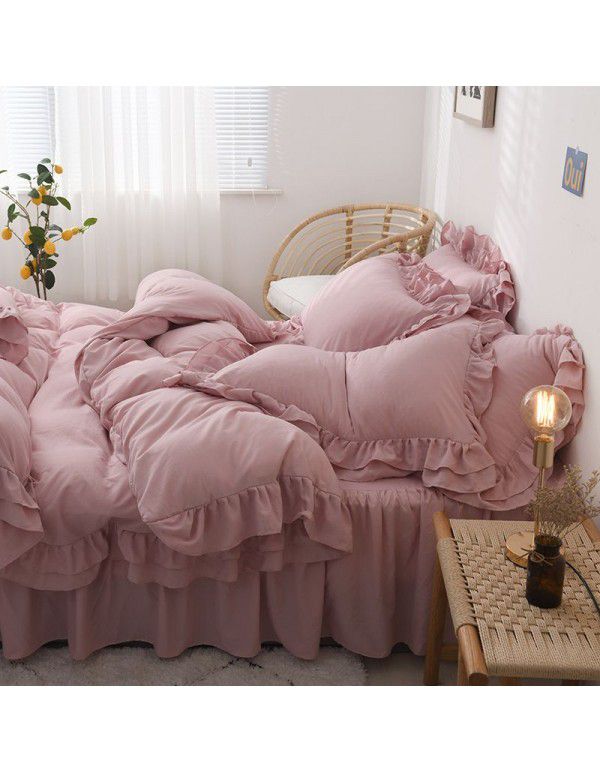 Ins girl's heart wash cotton bed skirt four piece princess style bed sheet quilt cover three piece 1.5/1.8m bed 