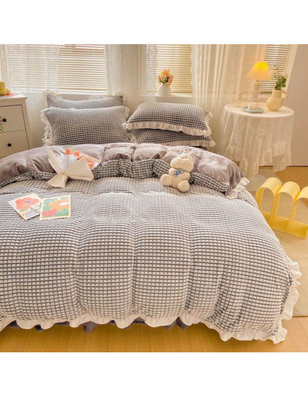 In winter, Korean version thickened princess style milk velvet four piece set, Jane lattice lace warm bed sheet, quilt cover, student three piece set