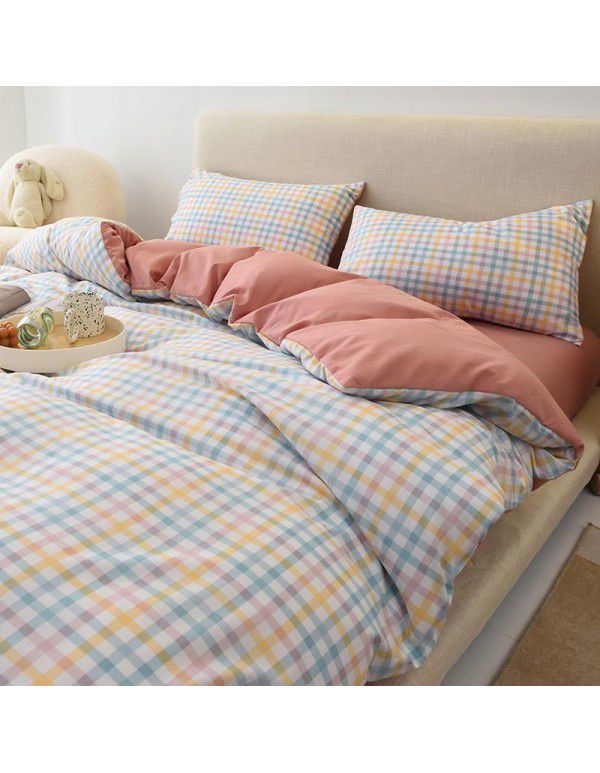 Japanese non printing feng shui cotton four piece set, active printing and dyeing thickened brushed bed sheet, student dormitory three piece set