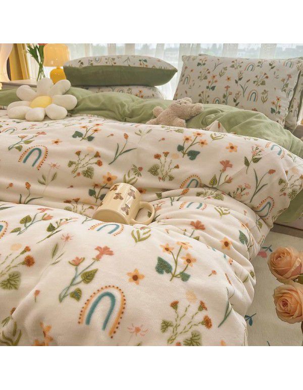 Autumn and winter cartoon small fresh milk velvet four piece set plush double faced plush thickened bed sheet quilt cover bed three piece set