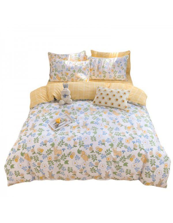 Mengjiuran 60 Thread Count Small Fresh Cotton 4-Piece Set Autumn and Winter Cotton 3-Piece Dormitory Flat Sheet Quilt Cover Fitted Sheet