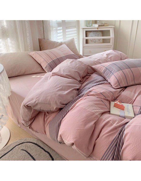 Cotton Yarn dyed Washed Cotton Four Piece Set Pure Cotton Printless Manufacturer Direct Sales Bedding, Quilt Cover, Japanese Style Good Fitted Sheet Wholesale