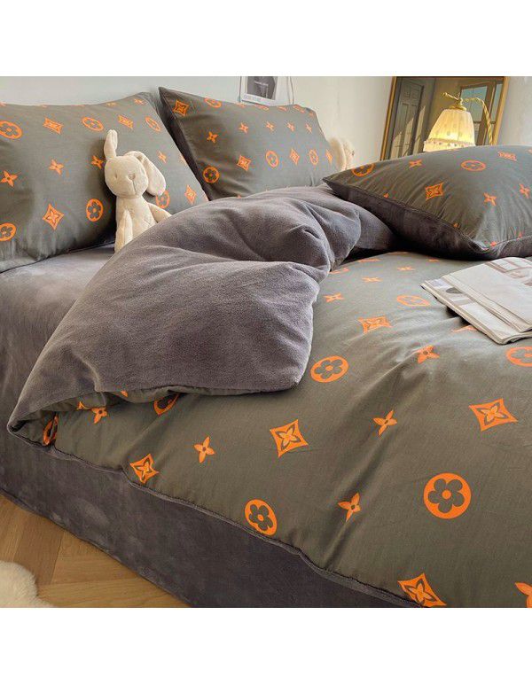 Winter A pure cotton B milk velvet bedding 4-piece set thickened cotton coral velvet quilt cover flange flannel bedspread