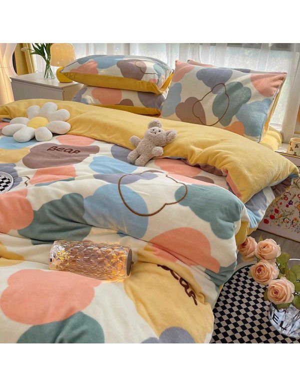 Autumn and winter cartoon small fresh milk velvet four piece set plush double faced plush thickened bed sheet quilt cover bed three piece set
