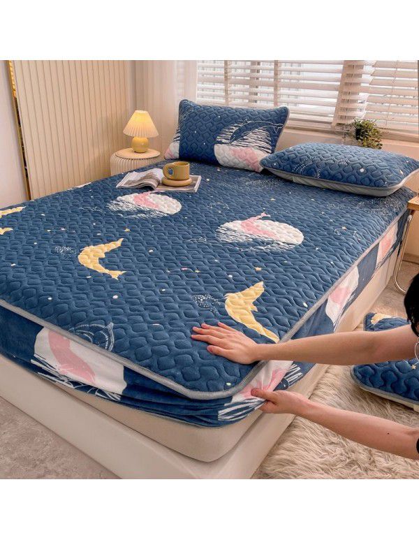 New Milk Down Fitted Sheet One Piece Winter Flange Coral Down Thickened Cotton Fitted Sheet Stuffed Anti slip Protection Mattress