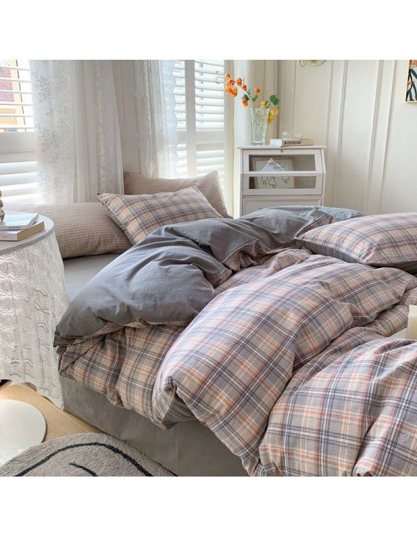 Cotton Yarn dyed Washed Cotton Four Piece Set Pure Cotton Printless Manufacturer Direct Sales Bedding, Quilt Cover, Japanese Style Good Fitted Sheet Wholesale