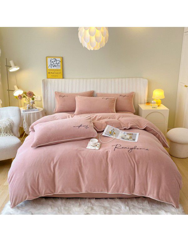 Solid Light Luxury Embroidery Milk Fleece Four Piece Set Double Combination Thickened Coral Fleece Duvet Cover Autumn and Winter Golden Mink Fleece Flat Sheet Fitted Sheet