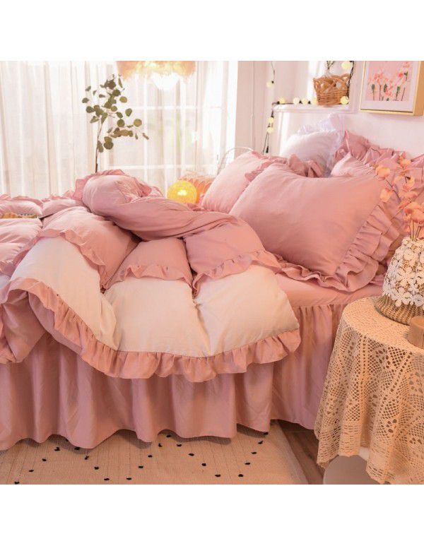 Ins girl's heart wash cotton bed skirt four piece princess style bed sheet quilt cover three piece 1.5/1.8m bed 