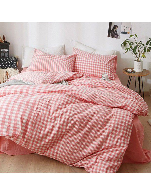 All cotton washed cotton four piece set simple cotton checked quilt cover bedspread sets supplied directly by the manufacturer for wholesale