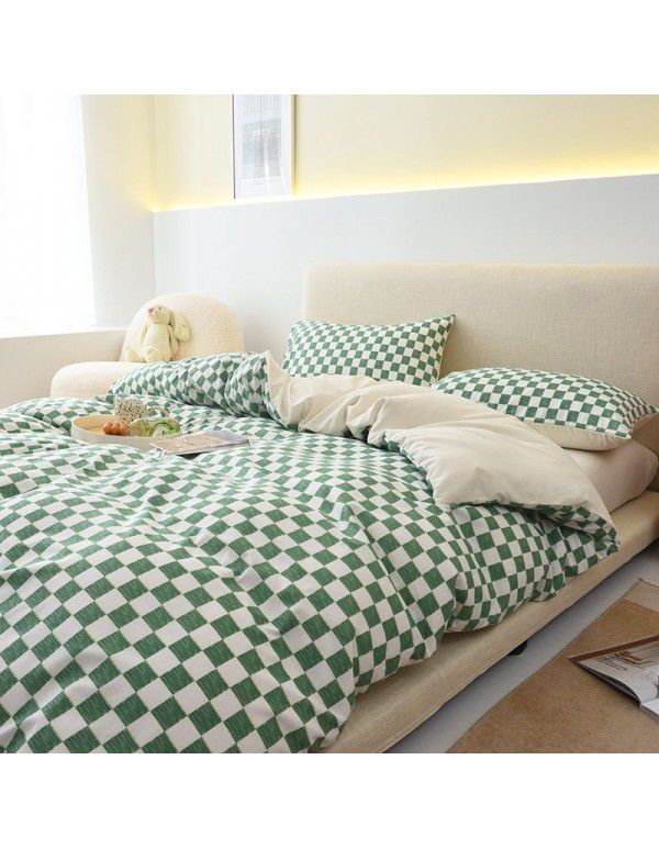 Japanese non printing feng shui cotton four piece set, active printing and dyeing thickened brushed bed sheet, student dormitory three piece set