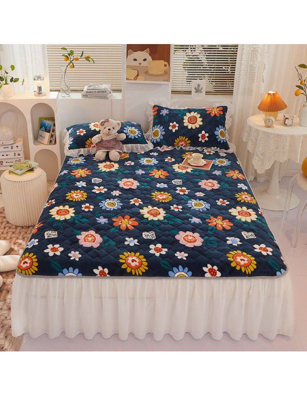 Class A milk flannel lace bed skirt antibacterial cotton quilt bed cover mattress thickened densified soybean anti bacteria bed skirt three piece set