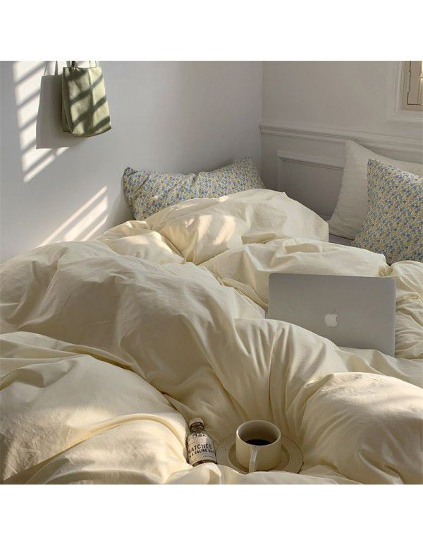 New Washed Cotton Solid Color Four Piece Set ins Style Cotton Student Dormitory Flat Sheet Fitted Sheet Home Stay Simple Home Textile
