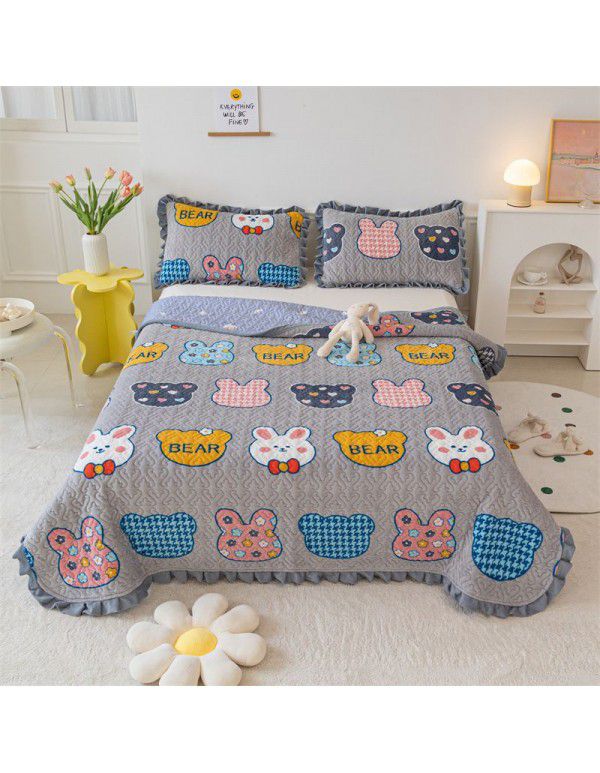 Autumn and winter thickened milk velvet bed cover three piece quilted cotton crystal velvet blanket lace warm blanket sub sheet