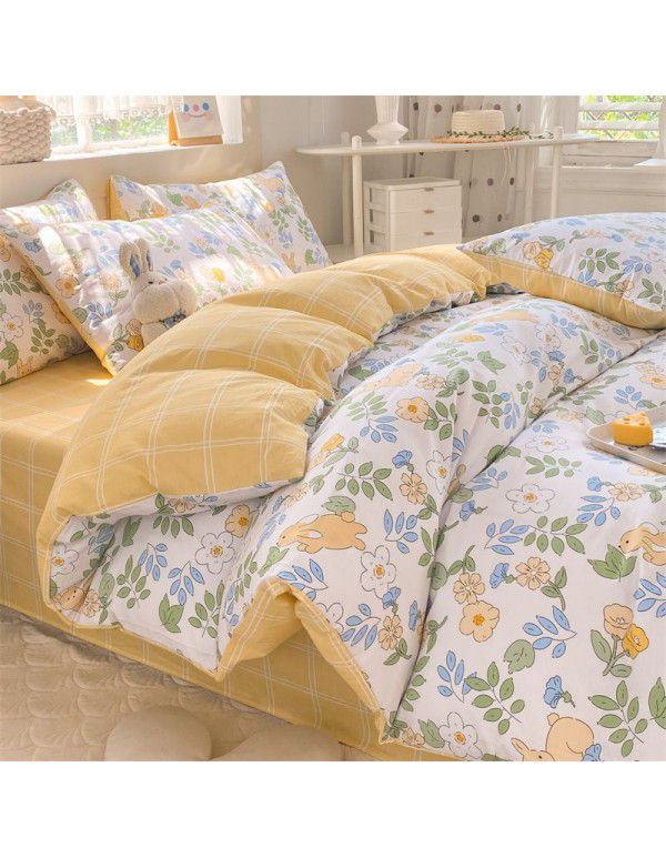 Mengjiuran 60 Thread Count Small Fresh Cotton 4-Piece Set Autumn and Winter Cotton 3-Piece Dormitory Flat Sheet Quilt Cover Fitted Sheet