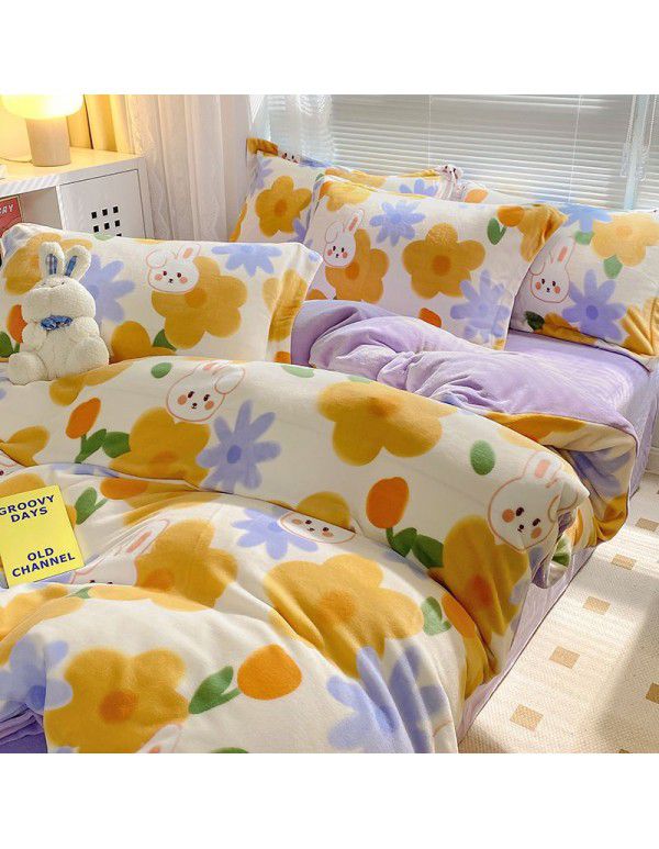 Autumn and winter thickened milk velvet bed four piece set, double-sided plush warm coral velvet bed sheet and quilt cover, three piece set wholesale