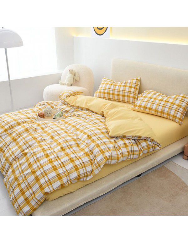 Japanese non printing feng shui cotton four piece set, active printing and dyeing thickened brushed bed sheet, student dormitory three piece set