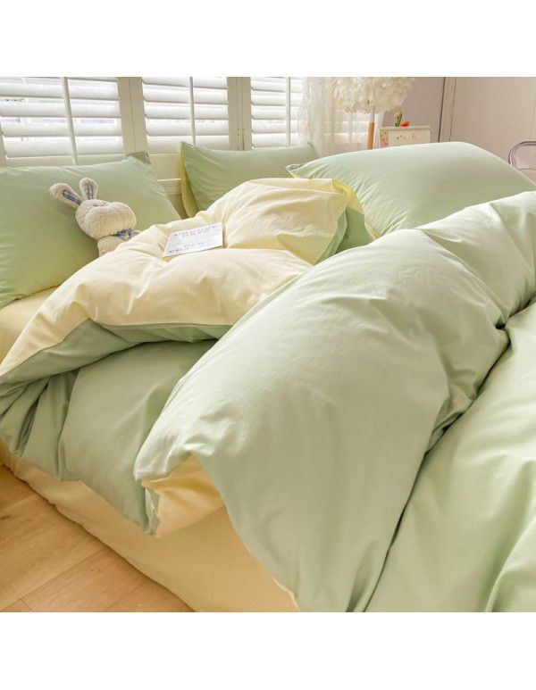 Ins style simple bedding cream style kit nude sleeping water washing cotton sheet quilt cover student dormitory four piece set