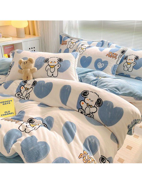 Autumn and winter thickened milk velvet bed four piece set, double-sided plush warm coral velvet bed sheet and quilt cover, three piece set wholesale