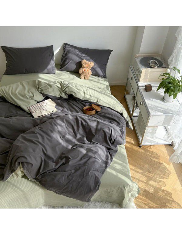 Japanese simple cotton double piece washable cotton four piece set solid color Nordic style cotton quilt cover bed sheet and fitted sheet