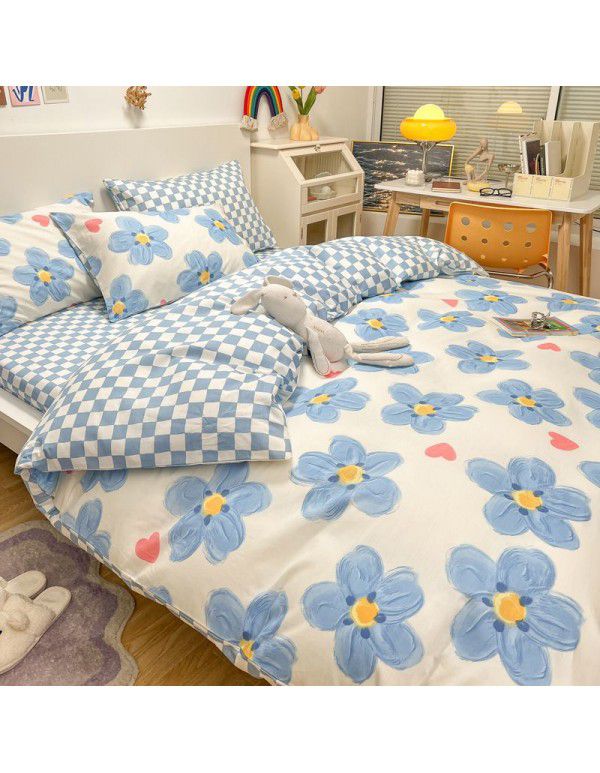 Four piece set in bed, all cotton Nordic style four piece set, 100 cotton spring and autumn bed sheet, fitted sheet, single dormitory set