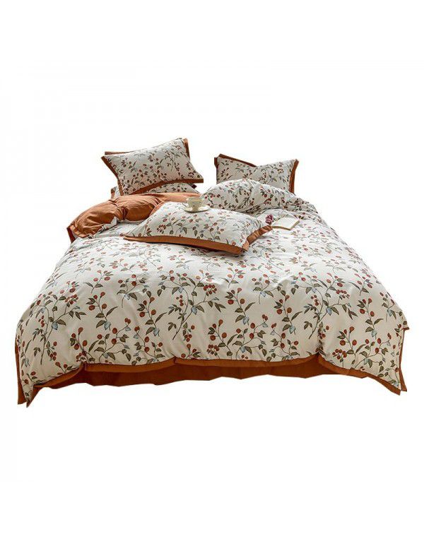 New Autumn and Winter Pure Class A Washed Cotton and Hemp 4-Piece Double Layer Yarn Cotton Small Fresh Quilt Cover Flat Sheet Live Broadcast Hot Sale