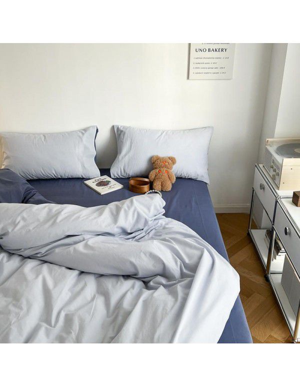 Japanese simple cotton double piece washable cotton four piece set solid color Nordic style cotton quilt cover bed sheet and fitted sheet