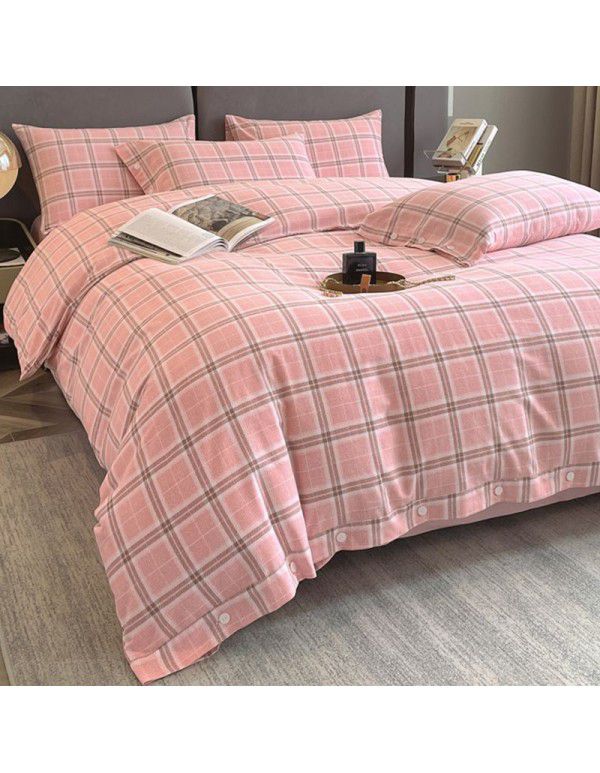 Good thick brushed 4-piece set of all cotton pure cotton simple stripes in autumn and winter