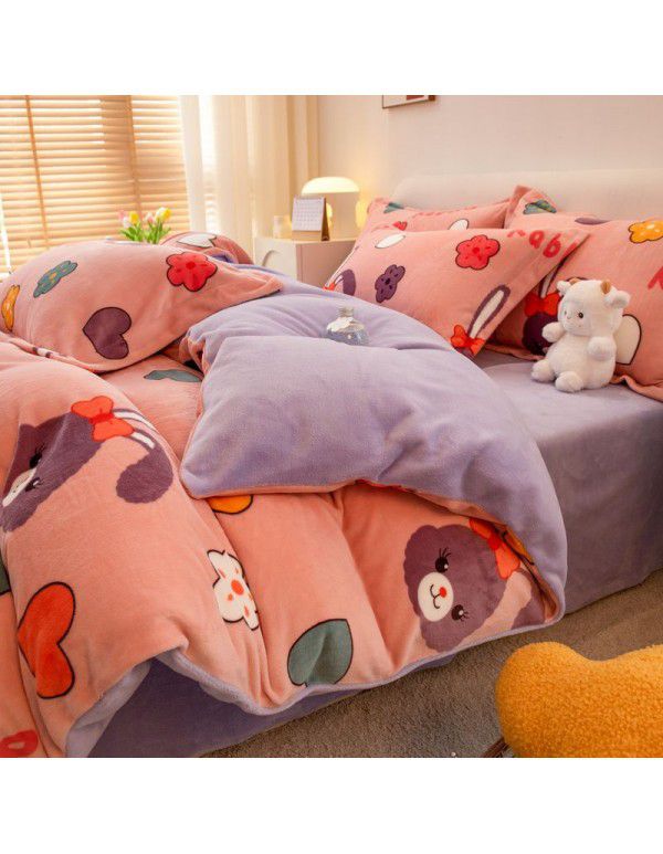 Winter four piece milk velvet thickened warm small fresh flannel quilt cover bedspread bedding live wholesale