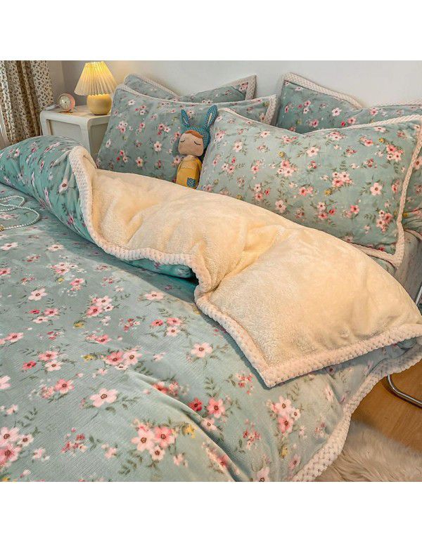 Ins Winter Milk Wool 4-Piece Rabbit Wool Quilt Cover Sheet Pastoral Warm Upset Double Sided Wool Bedding 4
