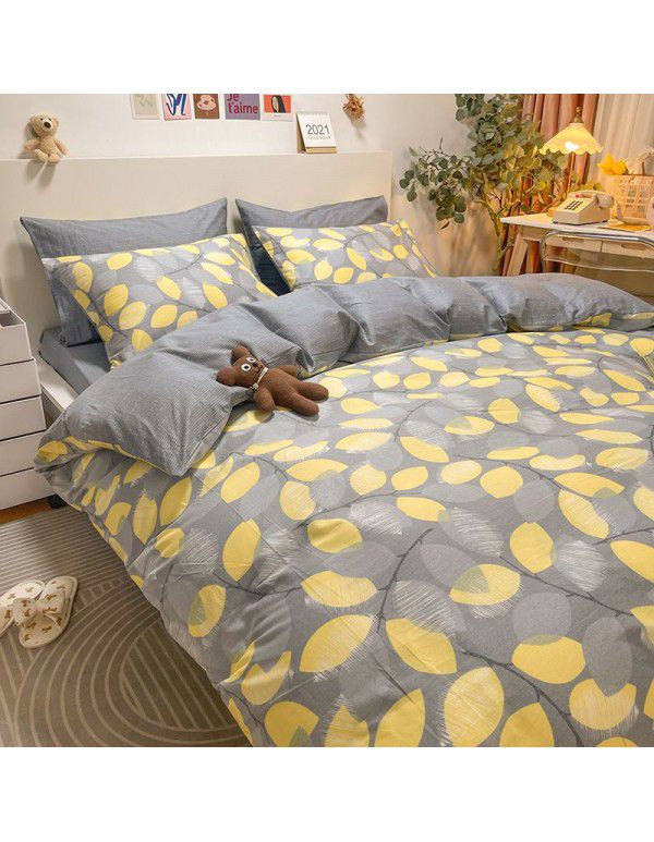 Four piece set in bed, all cotton Nordic style four piece set, 100 cotton spring and autumn bed sheet, fitted sheet, single dormitory set