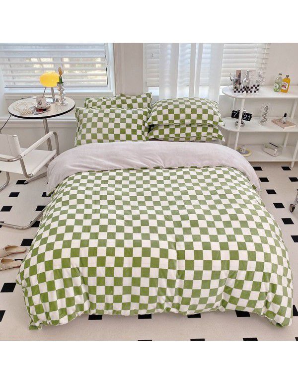 Milk velvet four piece set checkerboard thickened warm bed sheet Fitted sheet Bedding set One piece wholesale
