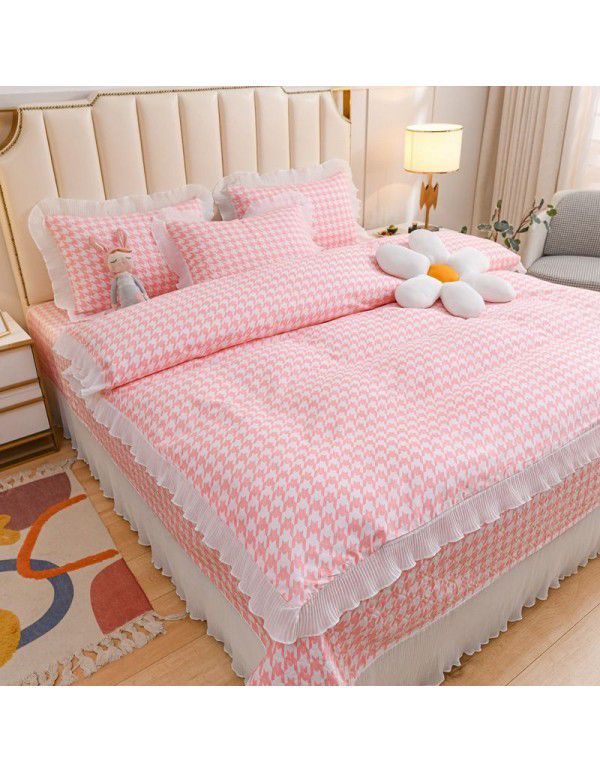 Ins Small fresh pure cotton bed sheet quilt cover fall and winter cotton bed cover three piece quilt fitted sheet four piece quilt cover