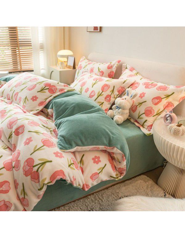 Winter four piece milk velvet thickened warm small fresh flannel quilt cover bedspread bedding live wholesale
