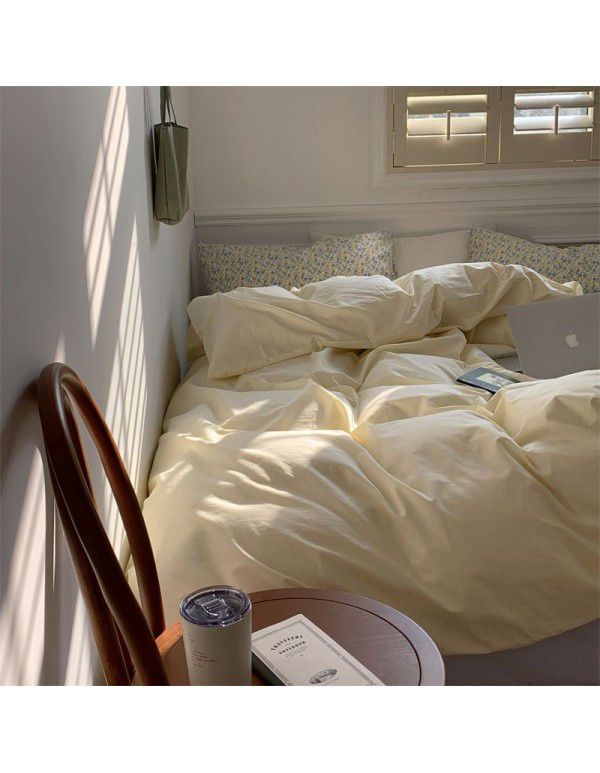 New Washed Cotton Solid Color Four Piece Set ins Style Cotton Student Dormitory Flat Sheet Fitted Sheet Home Stay Simple Home Textile