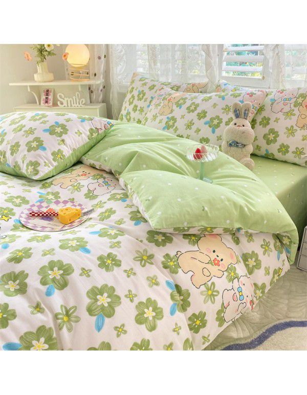 Mengjiuran 60 Thread Count Small Fresh Cotton 4-Piece Set Autumn and Winter Cotton 3-Piece Dormitory Flat Sheet Quilt Cover Fitted Sheet