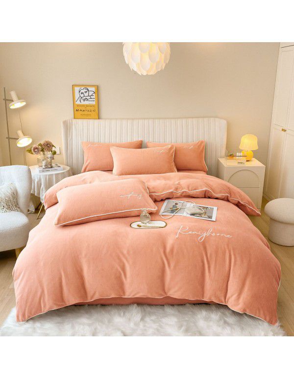 Solid Light Luxury Embroidery Milk Fleece Four Piece Set Double Combination Thickened Coral Fleece Duvet Cover Autumn and Winter Golden Mink Fleece Flat Sheet Fitted Sheet