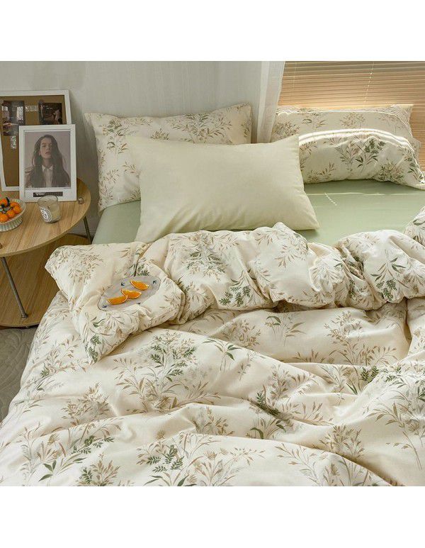 Ins style pure cotton four piece set, all cotton cartoon small fresh bed sheet, fitted sheet, quilt cover, nude sleep, color contrast