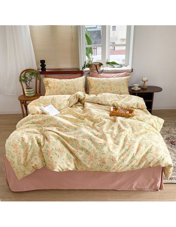 Nantong Xiaoqingxin Floral Four piece Set 100% Cotton Bedding Sheet and Quilt Cover Dormitory Three piece Nude Sleeping Set