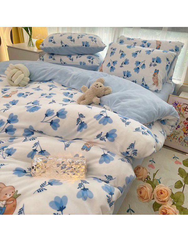 Autumn and winter cartoon small fresh milk velvet four piece set plush double faced plush thickened bed sheet quilt cover bed three piece set