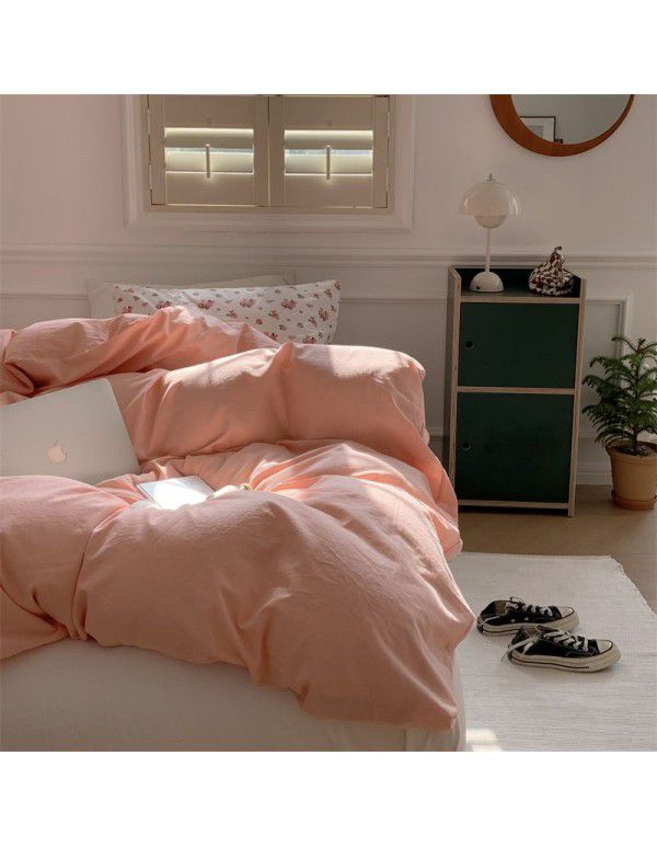 New Washed Cotton Solid Color Four Piece Set ins Style Cotton Student Dormitory Flat Sheet Fitted Sheet Home Stay Simple Home Textile