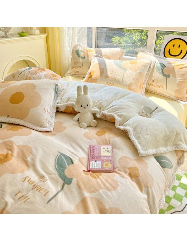 Ins Winter Milk Wool 4-Piece Rabbit Wool Quilt Cover Sheet Pastoral Warm Upset Double Sided Wool Bedding 4