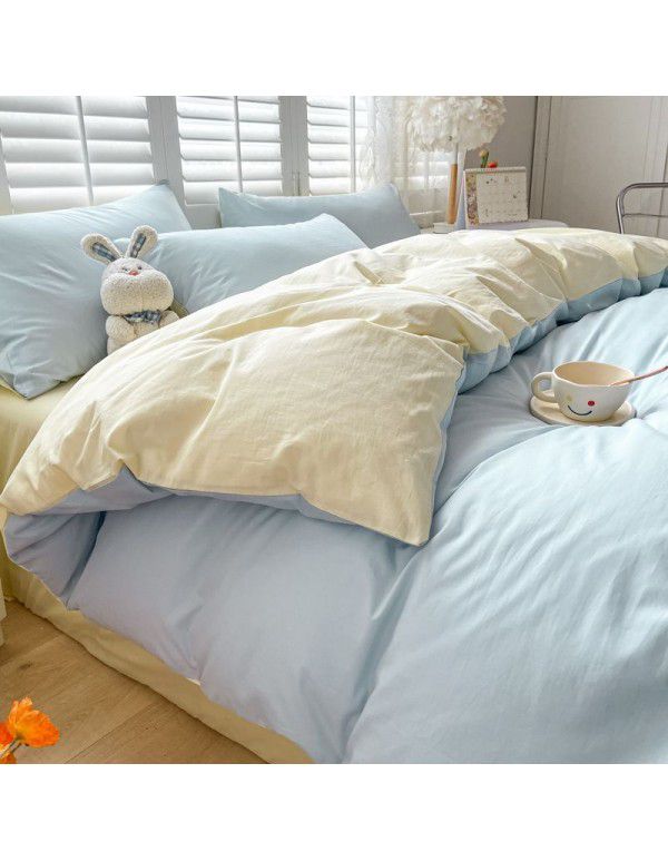 Ins style simple bedding cream style kit nude sleeping water washing cotton sheet quilt cover student dormitory four piece set