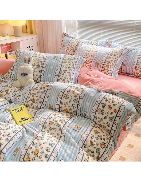 Autumn and winter thickened milk velvet bed four piece set, double-sided plush warm coral velvet bed sheet and quilt cover, three piece set wholesale