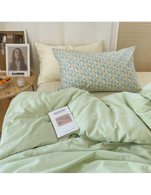 Ins style pure cotton four piece set, all cotton cartoon small fresh bed sheet, fitted sheet, quilt cover, nude sleep, color contrast