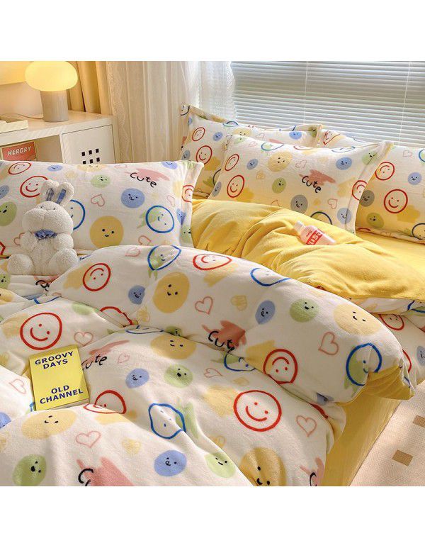 Autumn and winter thickened milk velvet bed four piece set, double-sided plush warm coral velvet bed sheet and quilt cover, three piece set wholesale