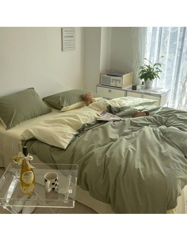 Japanese simple cotton double piece washable cotton four piece set solid color Nordic style cotton quilt cover bed sheet and fitted sheet