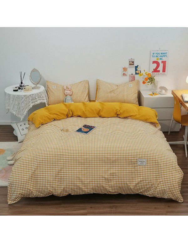 Japanese non printing washing cotton buffing bed four piece set student dormitory bed sheet quilt cover three piece fitted sheet wholesale
