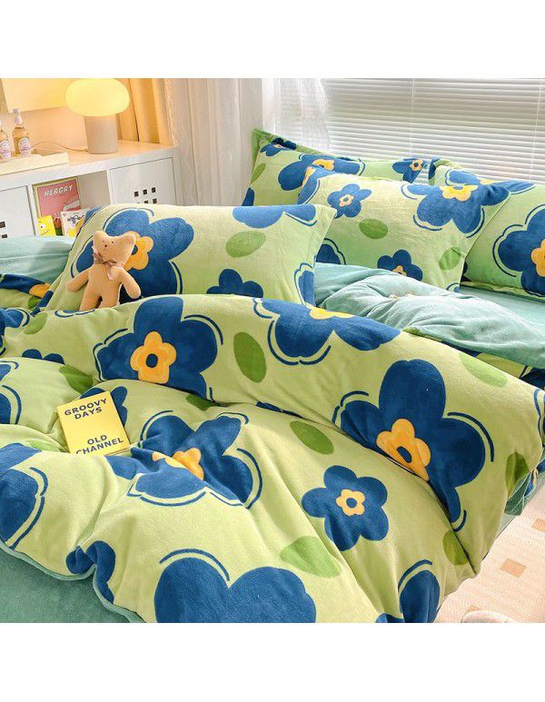 Autumn and winter thickened milk velvet bed four piece set, double-sided plush warm coral velvet bed sheet and quilt cover, three piece set wholesale